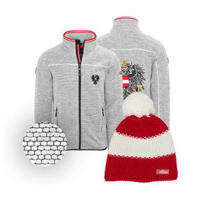 Geschenkpaket Nationalfeiertag - Dobby Kultjacke + Österreich Strickmütze