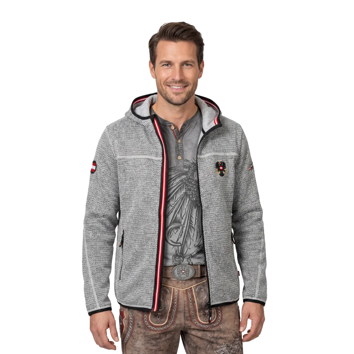 Hellgraue Strickoptik Jacke Herren Österreich Adler #Farbe_Grau-Strick