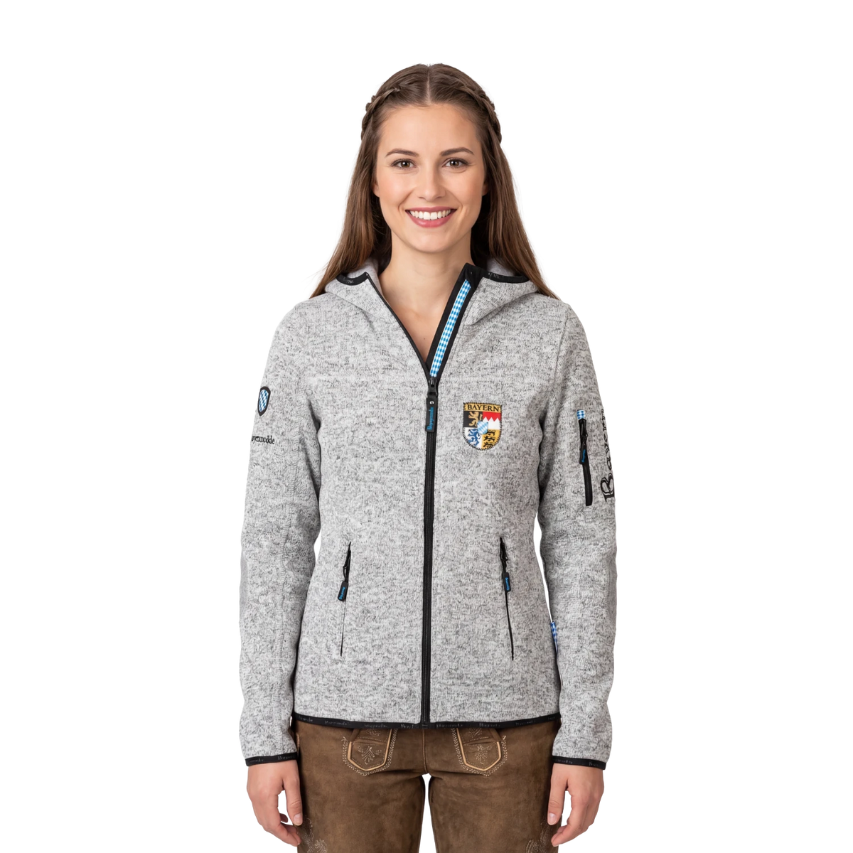 Hellgraue Trachten Fleece Jacke für Damen Bayern Stickerei