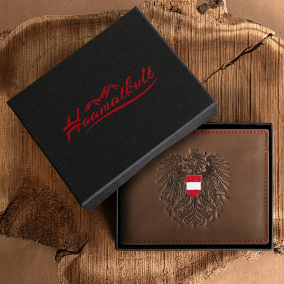 Hoamatkult Echtleder Geldtasche Österreich Adler #Farbe_Vintage Braun - Rot Kontrast
