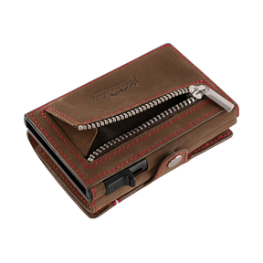 Adler Smart Wallet Trifold mit Karten-Pop-Up Funktion aus Echtleder - Vintage Braun Rot Kontrast