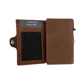 Adler Smart Wallet Trifold mit Karten-Pop-Up Funktion aus Echtleder - Vintage Braun Rot Kontrast