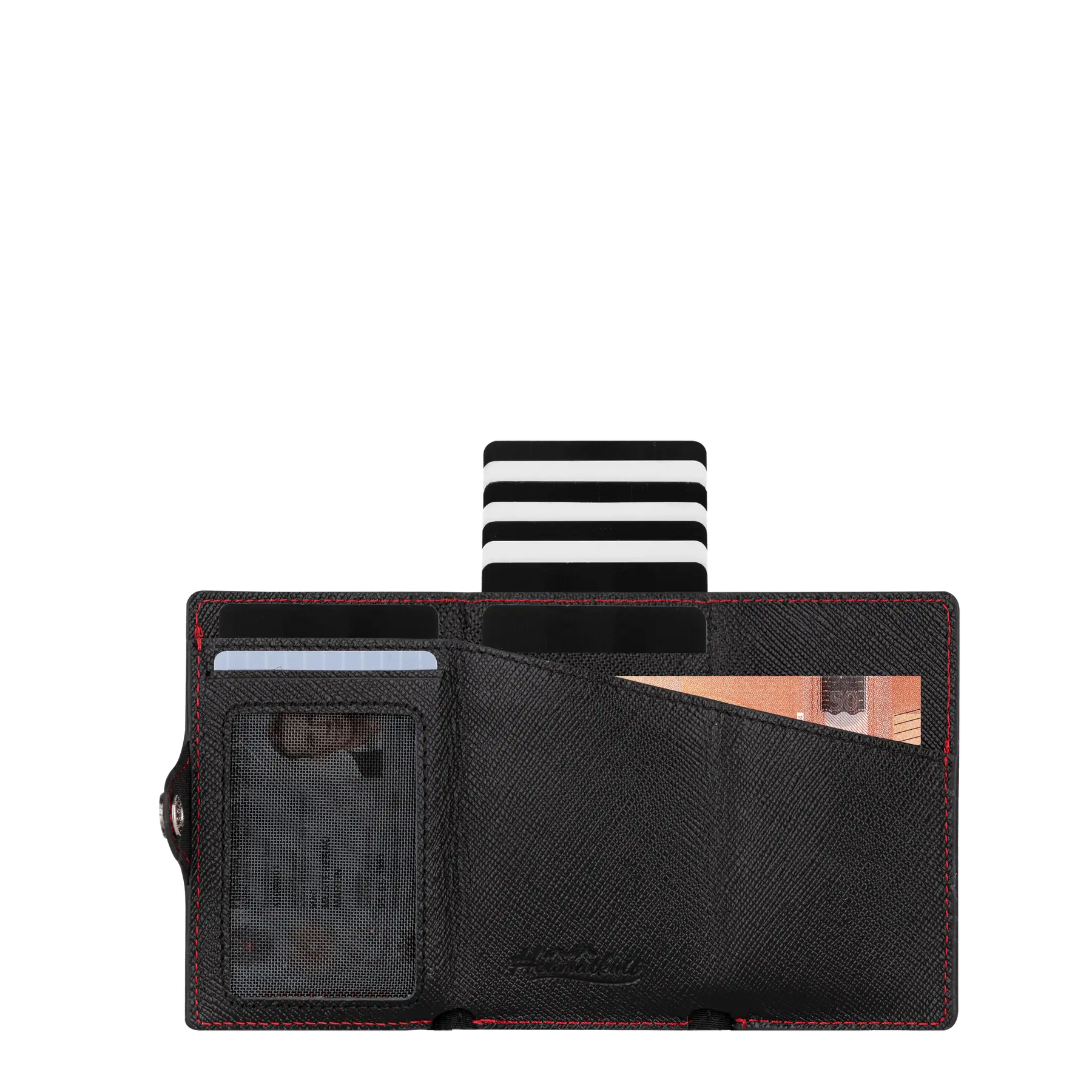 Adler Smart Wallet Trifold mit Karten-Pop-Up Funktion aus Echtleder - Saffiano Schwarz