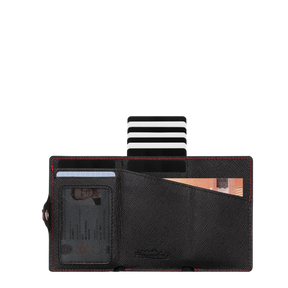 Adler Smart Wallet Trifold mit Karten-Pop-Up Funktion aus Echtleder - Saffiano Schwarz