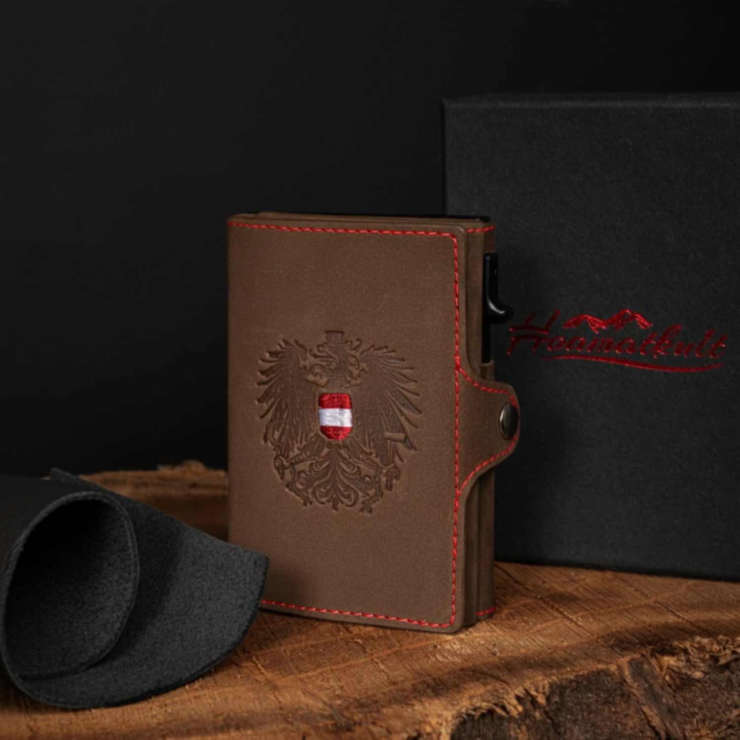 Kompakte Geldtasche Österreich Adler #Farbe_Vintage Braun - Rot Kontrast