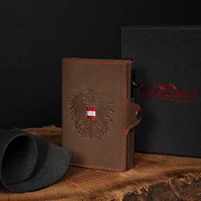 Adler Smart Wallet Trifold mit Karten-Pop-Up Funktion aus Echtleder - Vintage Braun Rot Kontrast