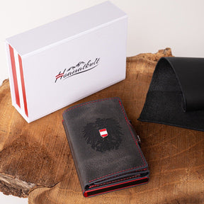 Adler Smart Wallet Trifold mit Karten-Pop-Up Funktion aus Echtleder - Schwarz Rot