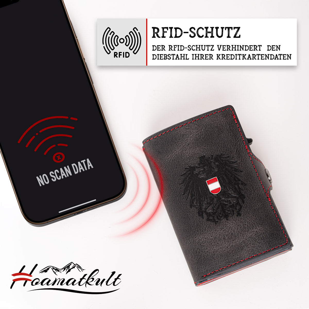 Adler Smart Wallet Trifold mit Karten-Pop-Up Funktion aus Echtleder - Schwarz Rot