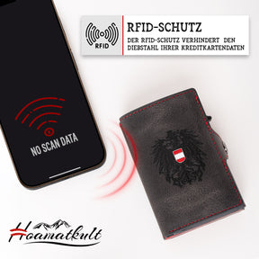Adler Smart Wallet Trifold mit Karten-Pop-Up Funktion aus Echtleder - Schwarz Rot