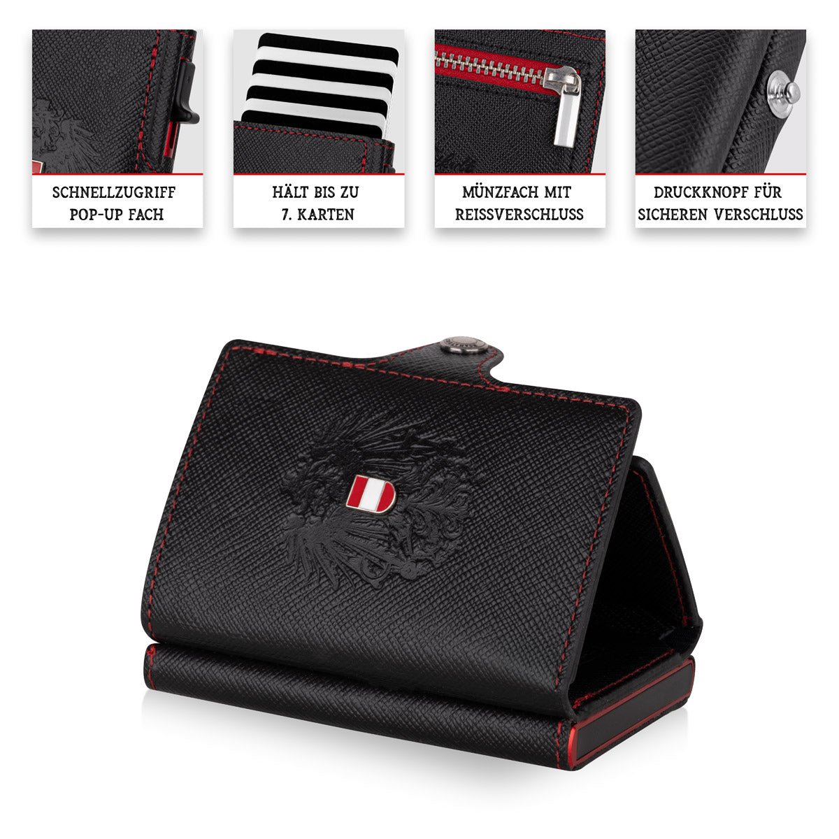 Adler Smart Wallet Trifold mit Karten-Pop-Up Funktion aus Echtleder - Saffiano Schwarz