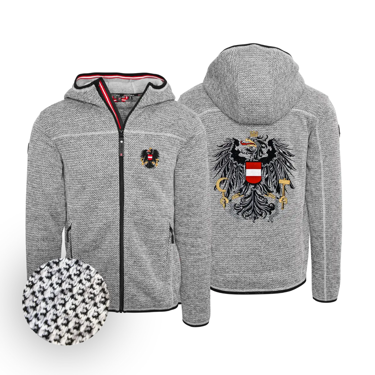 Österreich Adler Trachten Jacke mit Kapuze hellgrau #Farbe_Grau-Strick
