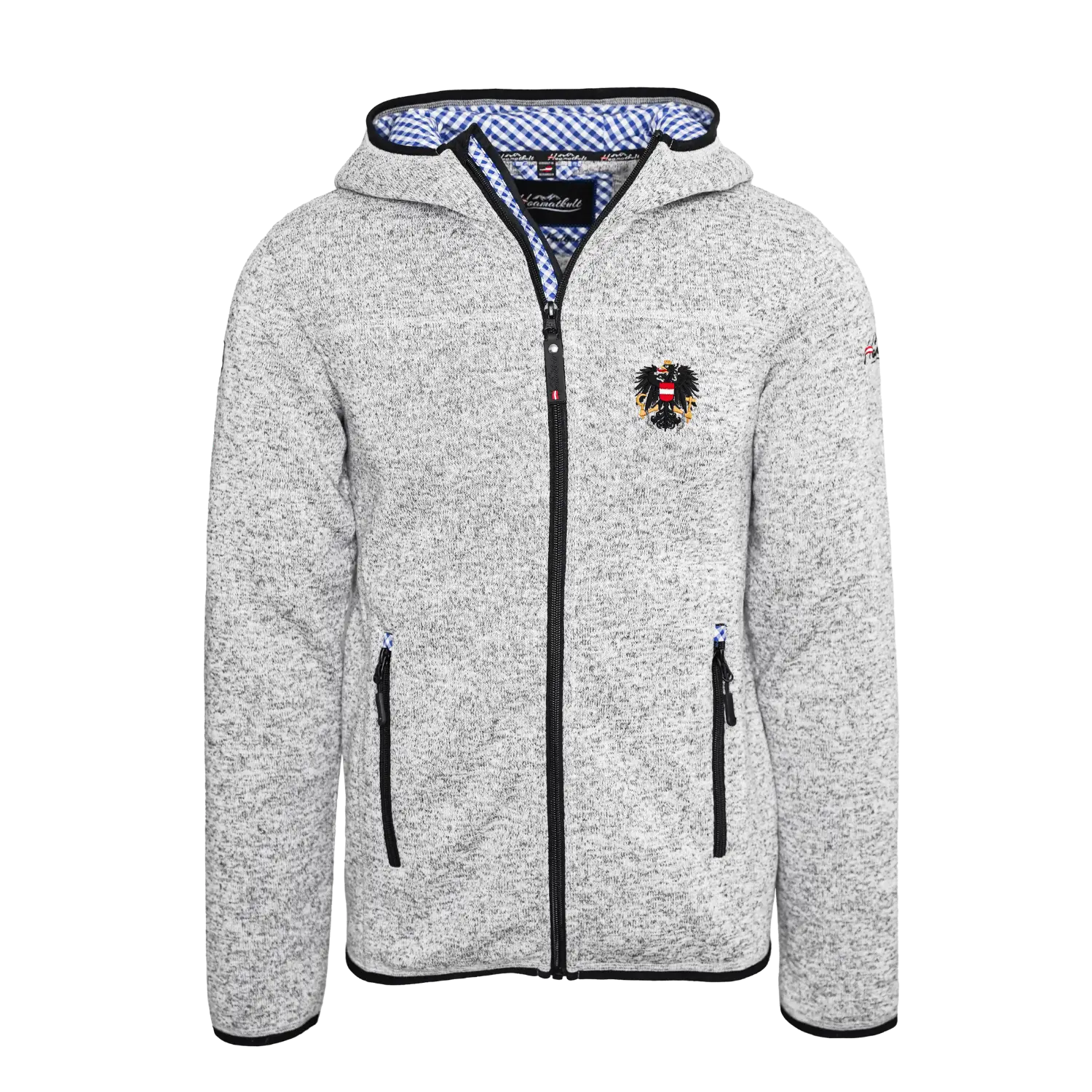 Österreich Trachten Kultjacke mit Kapuze - Karo Blau