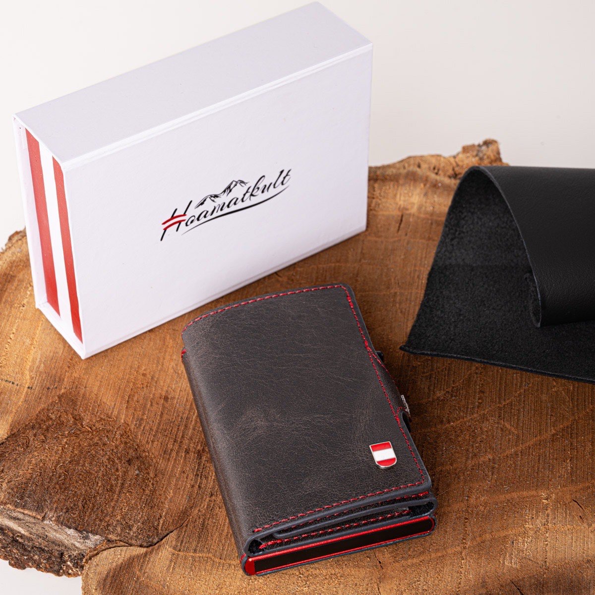 Österreich Geldtasche mit Karten Pop-up #Farbe_Schwarz Leder