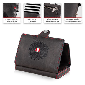 Adler Smart Wallet Trifold mit Karten-Pop-Up Funktion aus Echtleder - Schwarz Rot
