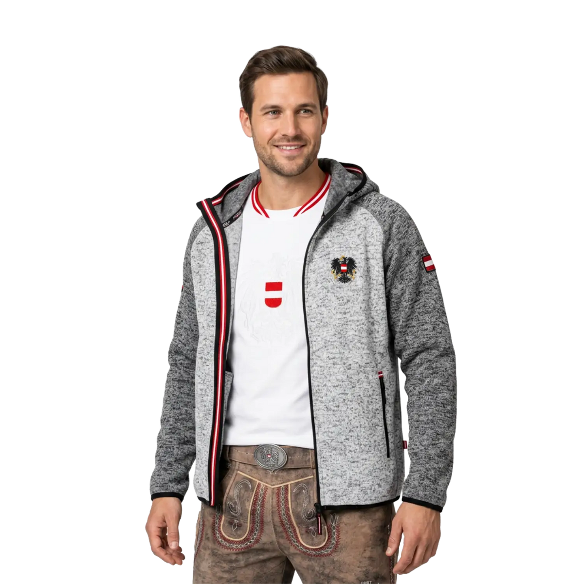 Österreich Strickfleece Jacke mit Kapuze hellgrau dunkelgrau #Farbe_Hellgrau/Dunkelgrau