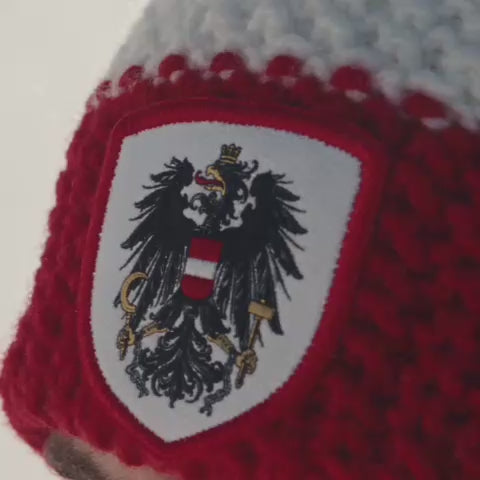 Österreich Wappen Strickmütze mit Bommel - Rot-Weiss-Rot