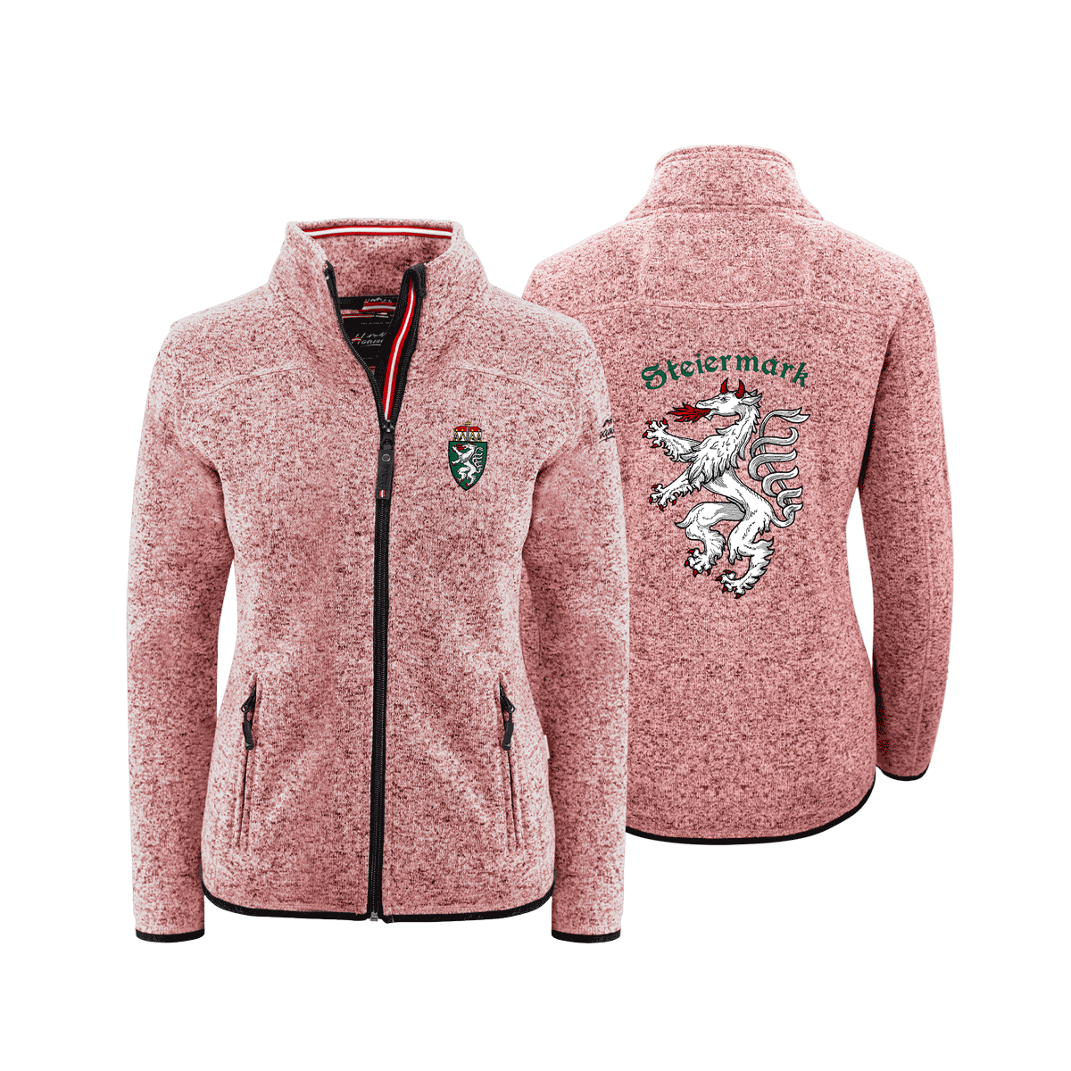 Rosa Fleece Jacke ohne Kapuze Damen Steiermark Stick #Farbe_Rosa