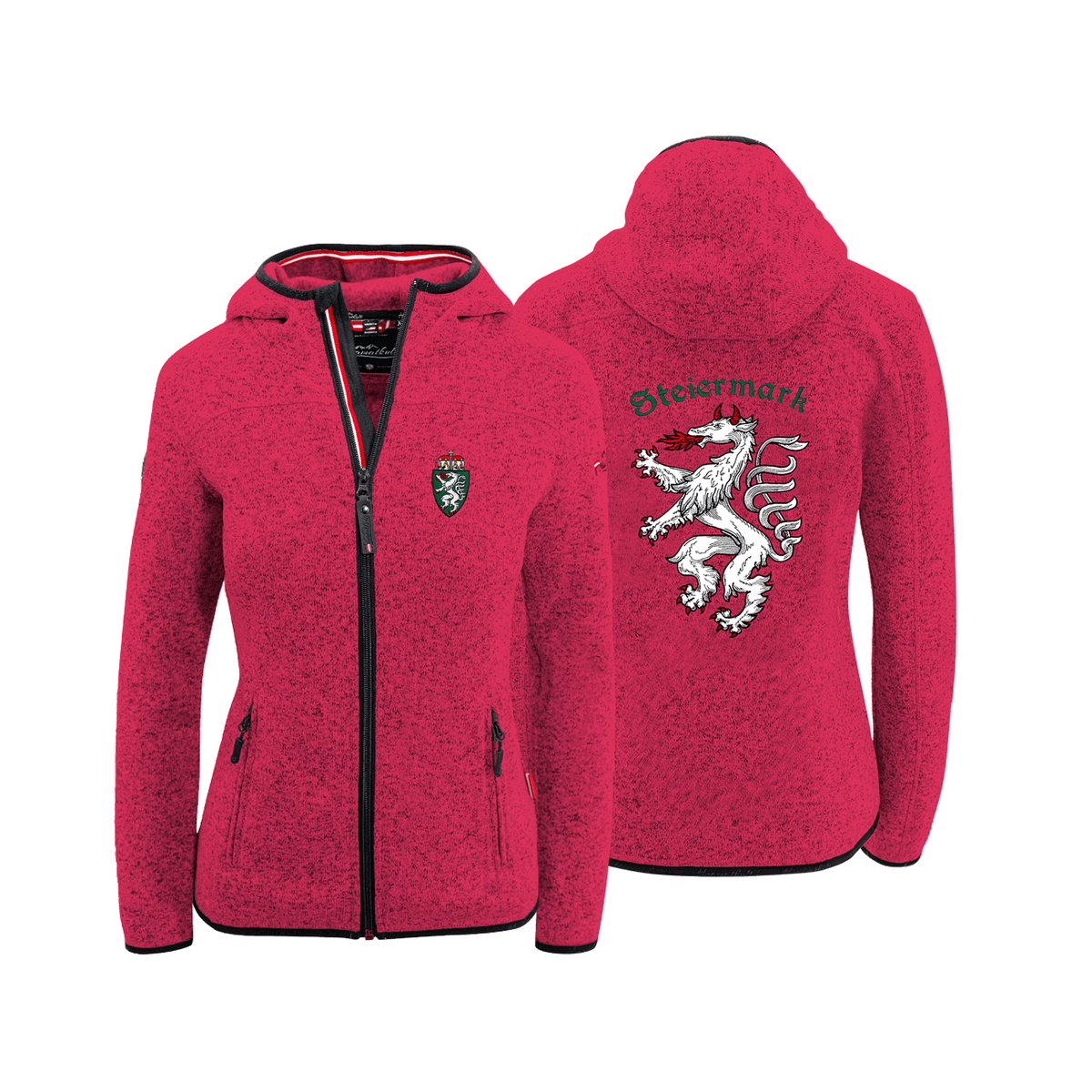 Rote Damen Fleece Jacke mit Kapuze Steiermark Logo #Farbe_Magenta