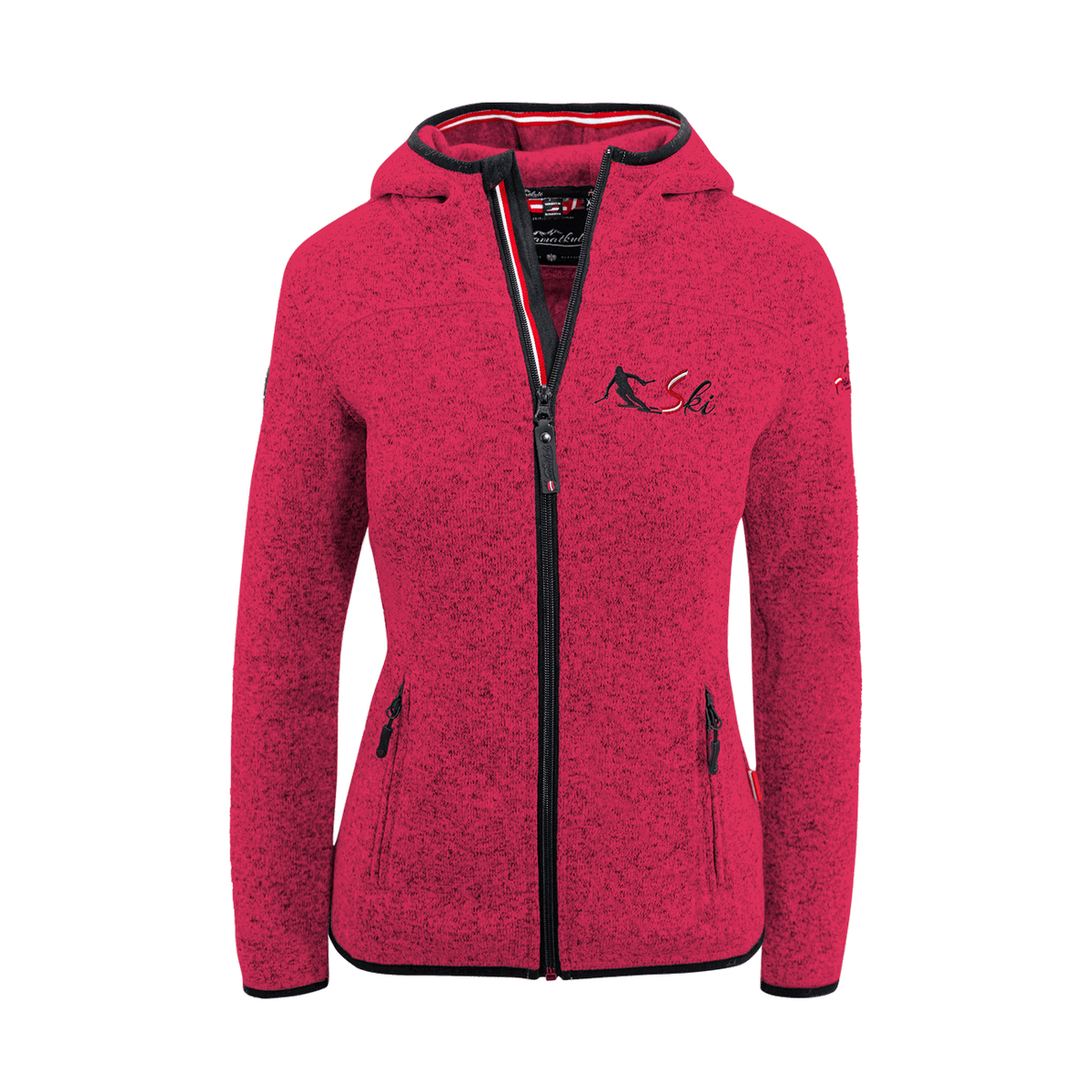 Rote Damen Kultjacke mit Kapuze Ski Stickerei #Farbe_Magenta