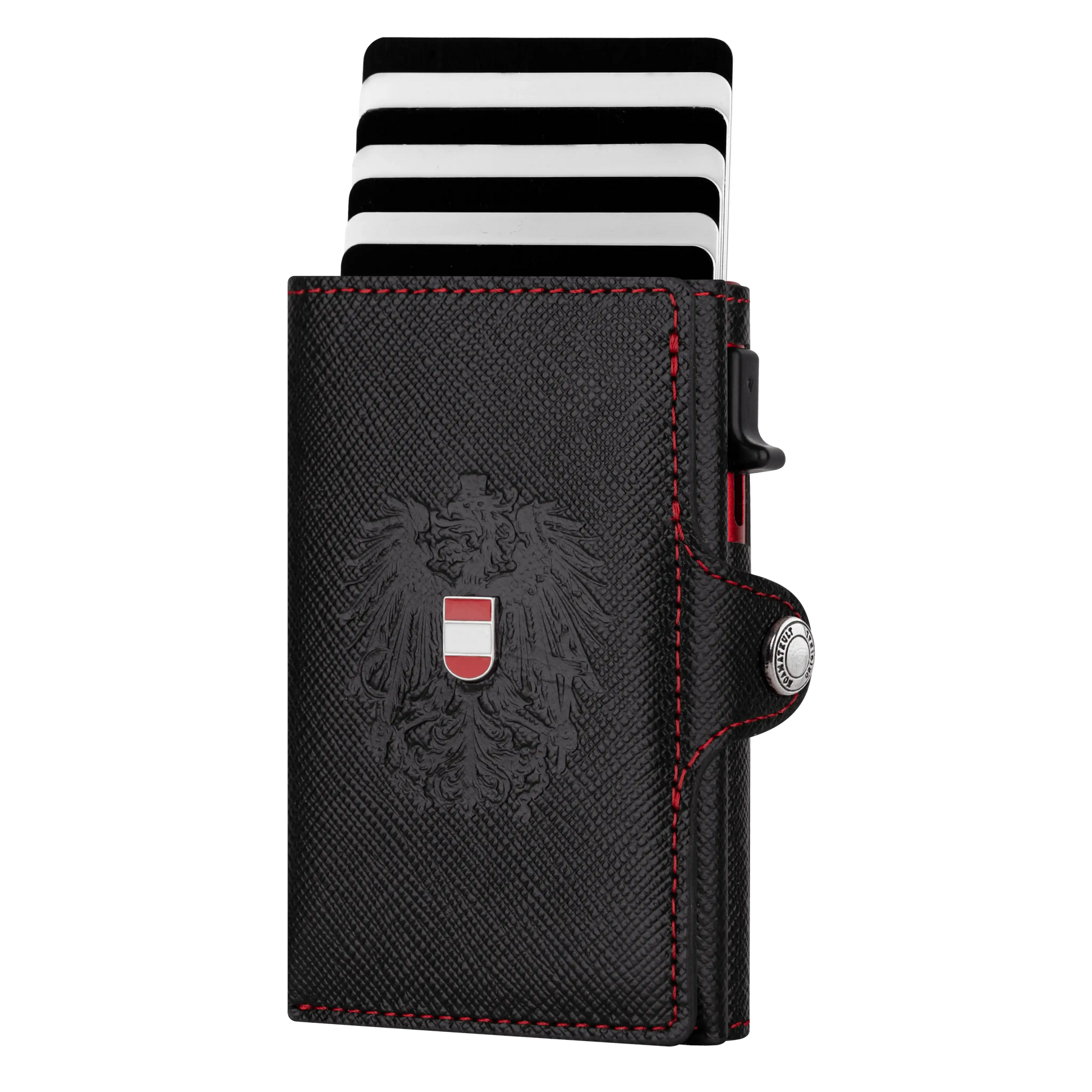 Adler Smart Wallet Trifold mit Karten-Pop-Up Funktion aus Echtleder - Saffiano Schwarz