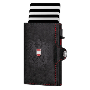 Adler Smart Wallet Trifold mit Karten-Pop-Up Funktion aus Echtleder - Saffiano Schwarz