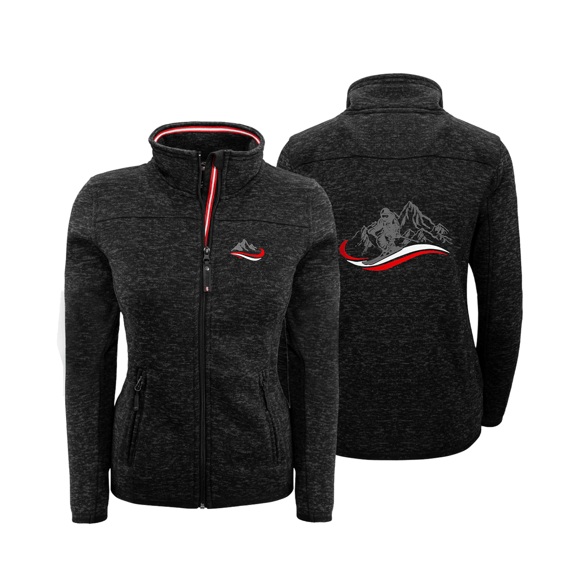 Schwarze Strickfleece Jacke für Damen mit Ski Stickerei #Farbe_Schwarz