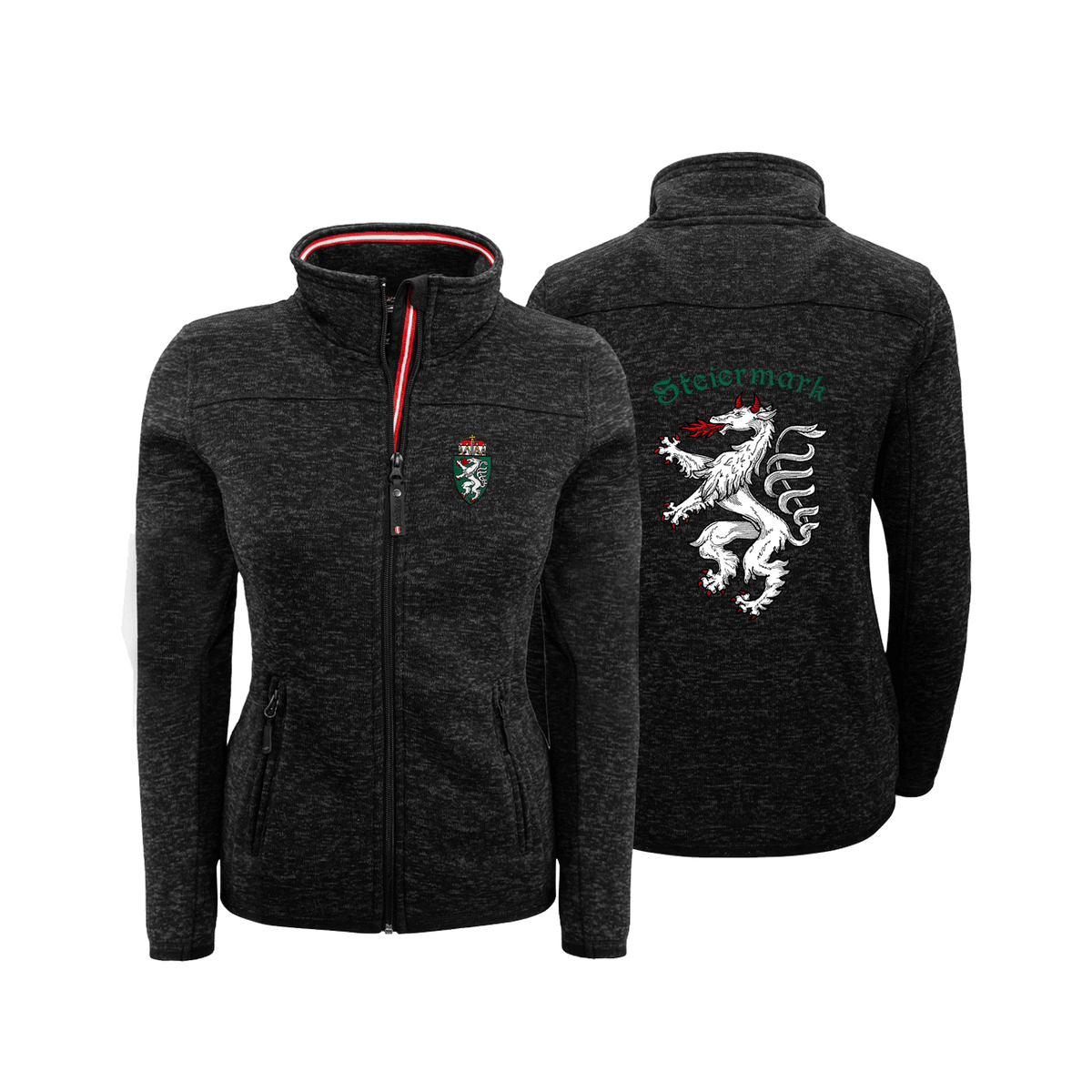 Schwarze Strickfleece Jacke ohne Kapuze für Damen mit Steirer Wappen #Farbe_Schwarz