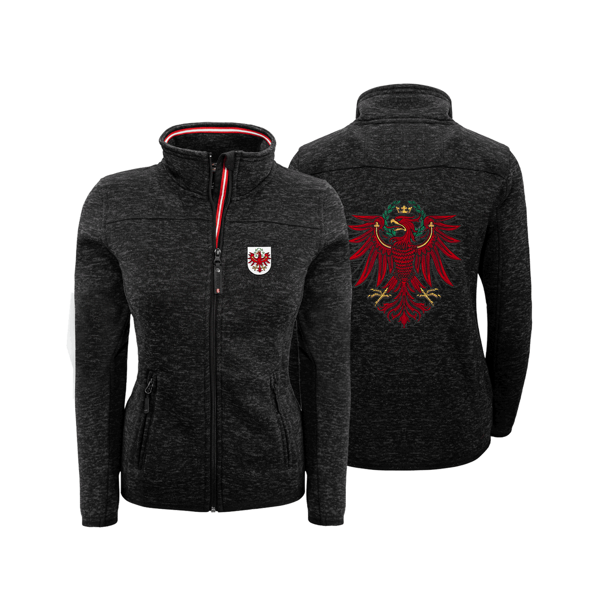 Schwarze Strickfleece Jacke ohne Kapuze für Damen mit Tiroler Wappen #Farbe_Schwarz
