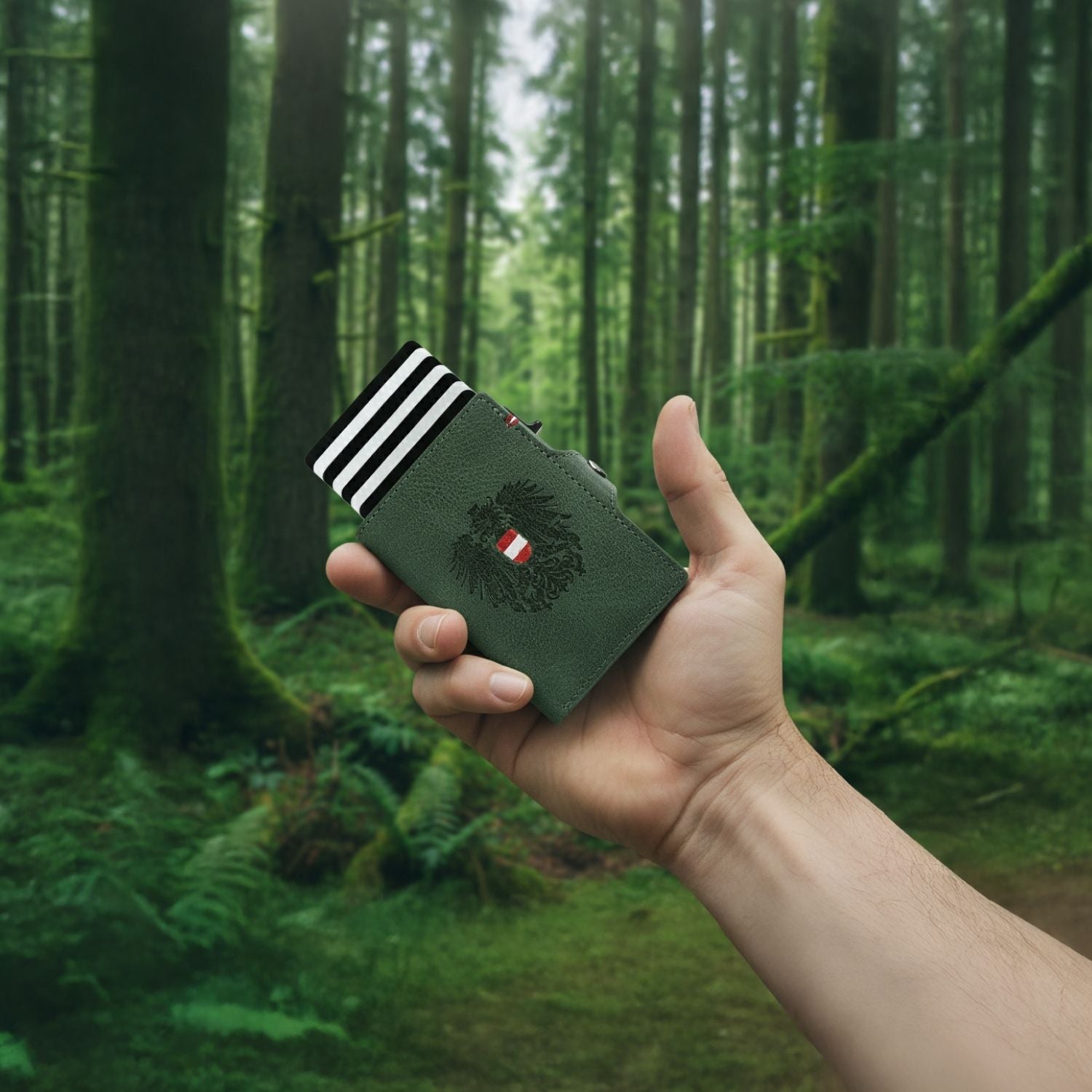 Adler Smart Wallet mit Karten-Pop-Up Funktion aus Echtleder - Dunkelgrün