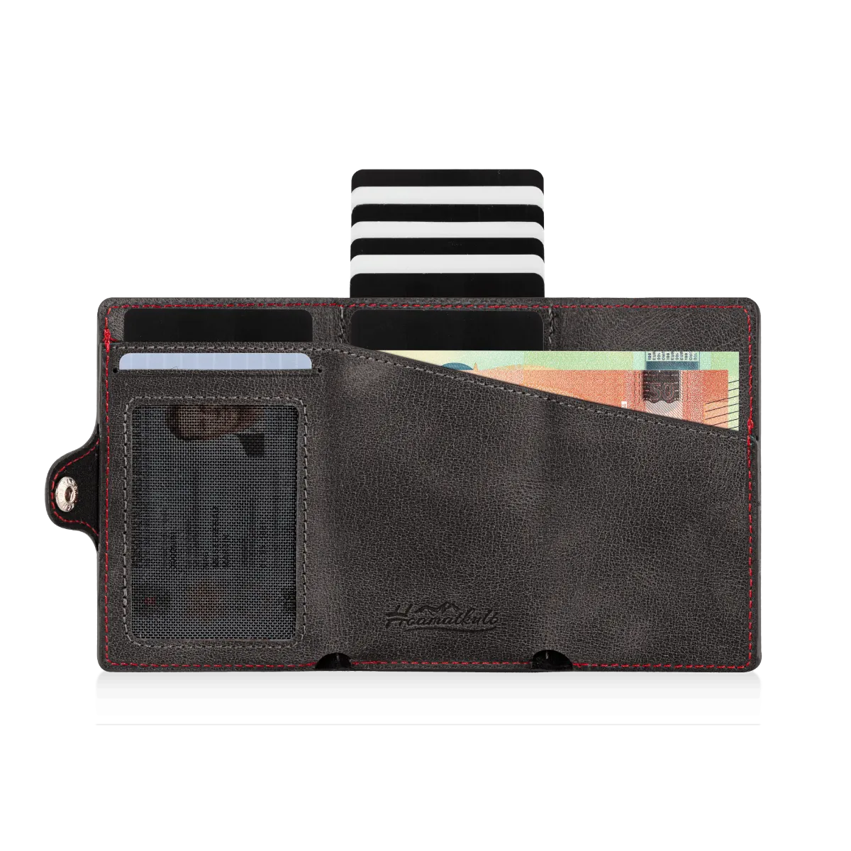 Adler Smart Wallet Trifold mit Karten-Pop-Up Funktion aus Echtleder - Schwarz Rot