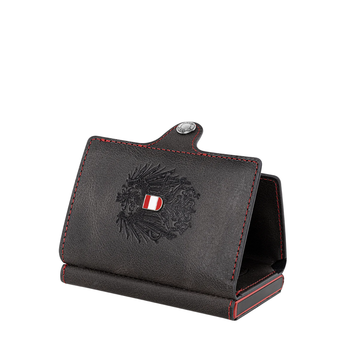 Adler Smart Wallet Trifold mit Karten-Pop-Up Funktion aus Echtleder - Schwarz Rot