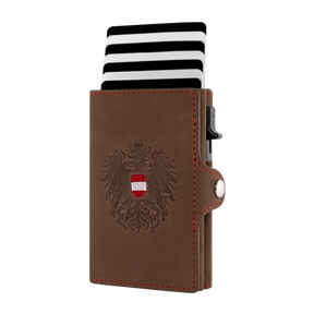 Adler Smart Wallet Trifold mit Karten-Pop-Up Funktion aus Echtleder - Vintage Braun Rot Kontrast