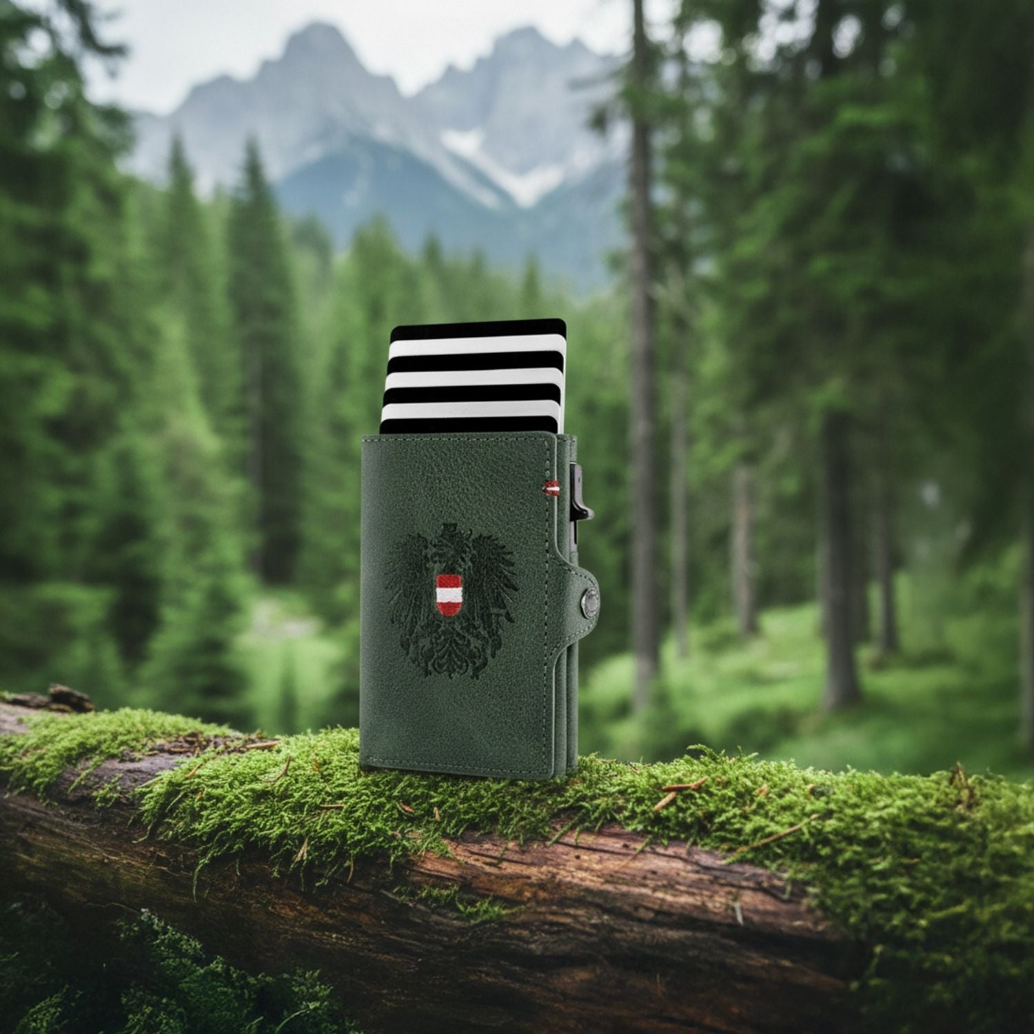 Adler Smart Wallet mit Karten-Pop-Up Funktion aus Echtleder - Dunkelgrün