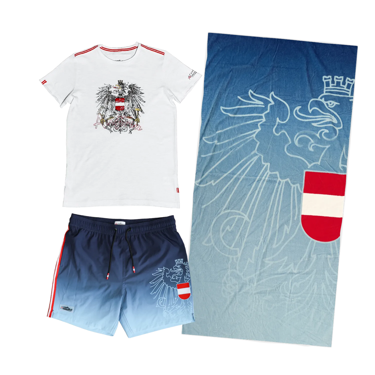 Sommer Kombo Badehose Badetuch T-Shirt dunkelblau #Farbe_Dunkelblau/Hellblau