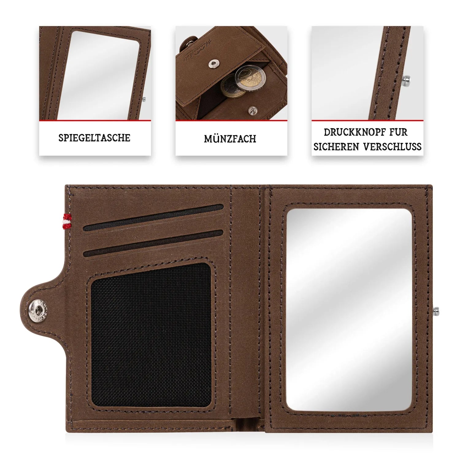 Adler Slim Wallet aus Echtleder mit Spiegel, Münzfach & RFID-Schutz
