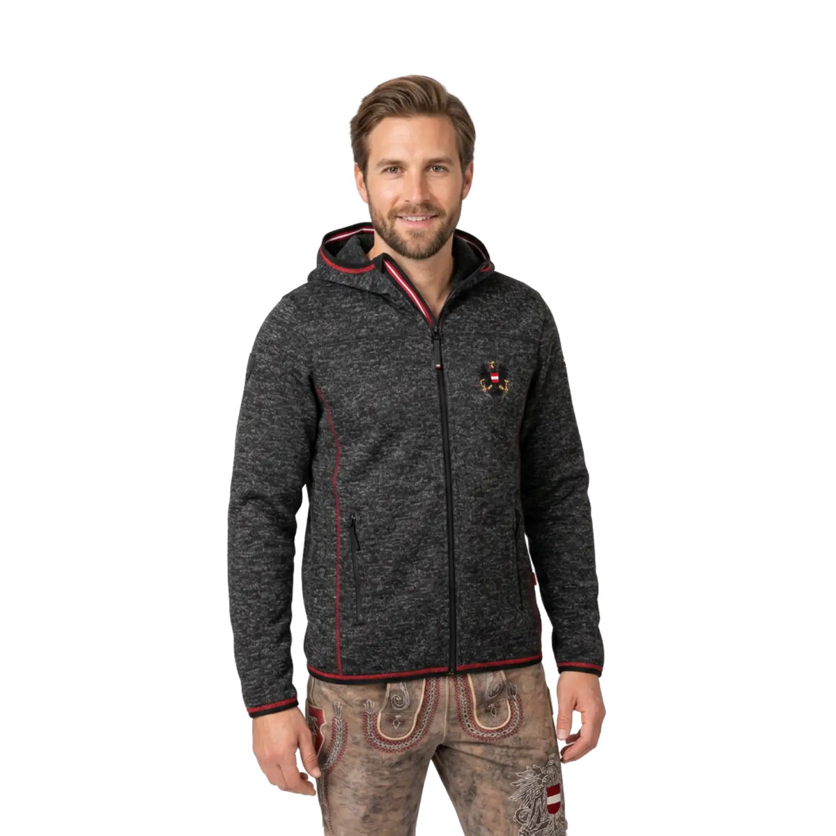 Trachten Fleece Jacke mit Kapuze schwarz Kontrast #Farbe_Schwarz - Rot Kontrast