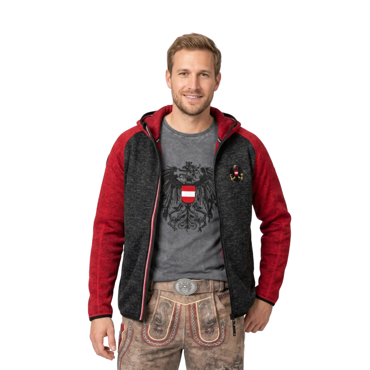 Trachten Strickfleece Jacke zweifarbig rot schwarz #Farbe_Schwarz/Rot