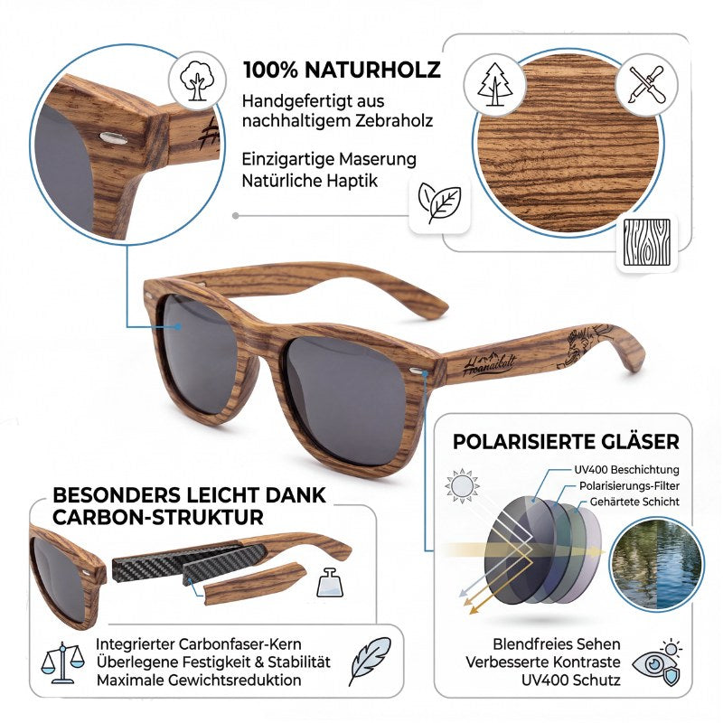 Österreich Holz Sonnenbrille - Zebrano Schwarz